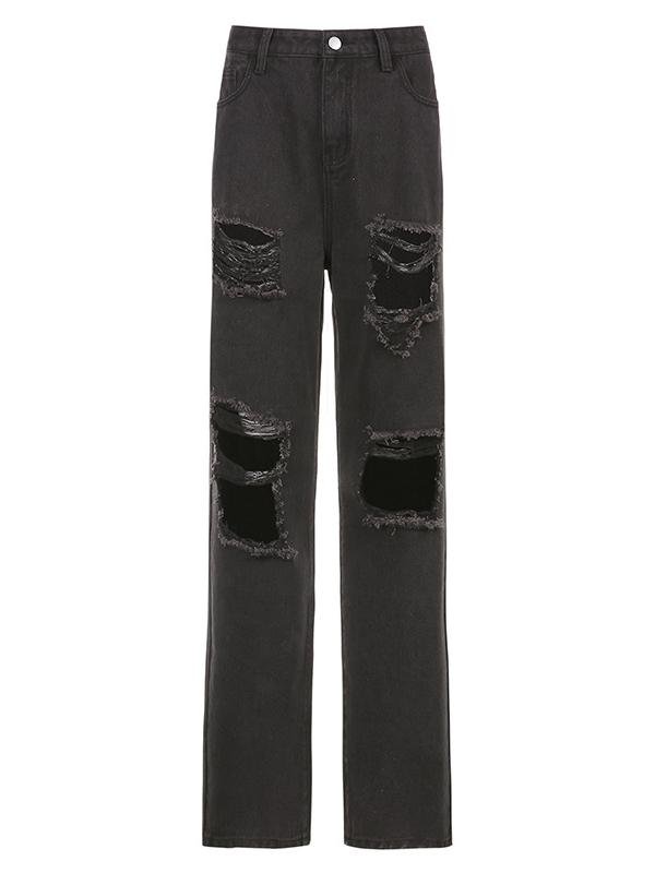 High Waist Button Personality Ripped Loose Straight-leg Pants - LuckyFash™