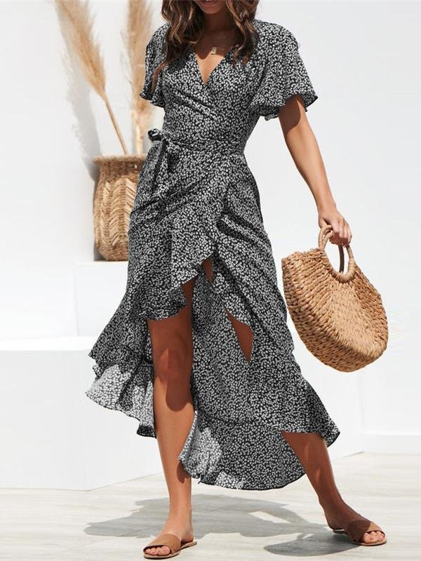 High-waist Irregular Ruffled Hem Chiffon Print Dress - LuckyFash™