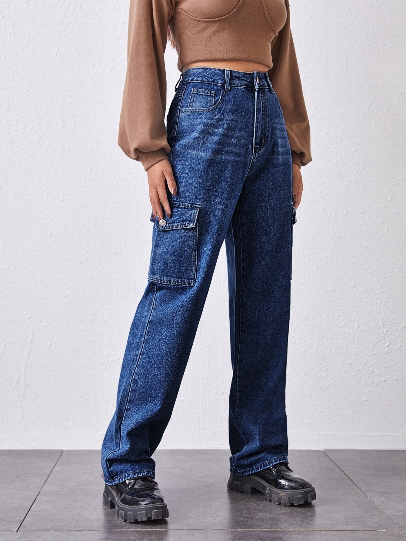 High-Waisted Patch Pocket Straight Jeans - LuckyFash™