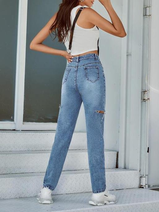 High-Waisted Ripped Solid Mom Straight Leg Jeans - LuckyFash™