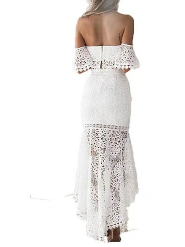Women's Lace Dress Dress Set Two Piece Dress Long Dress Maxi Dress White Wine Dark Blue Short Sleeve Pure Color Lace Spring Summer Strapless Stylish Weekend Slim 2023 S M L XL - LuckyFash™
