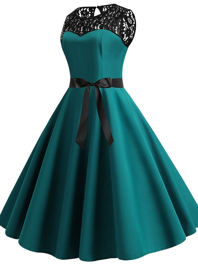 Women's Lace Dress Vintage Dress Swing Dress Midi Dress Light Blue Wine Red Black Sleeveless Print Lace up Summer Spring Fall Crew Neck 1950s Party Spring Dress 2023 S M L XL XXL - LuckyFash™
