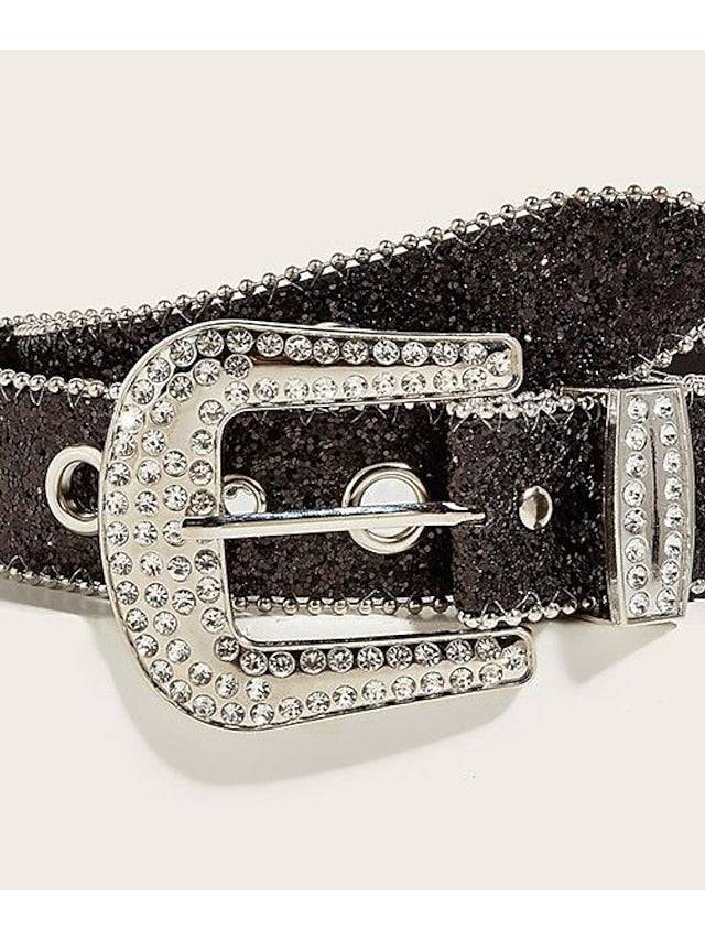 Women's PU Buckle Belt Metal Bucke Crystal Rhinestone Eyelet Classic Wedding Party 3.8CM beaded car side bead size eyelet buckle (silver) 3.8CM beaded car side bead size eyelet buckle (black) - LuckyFash™