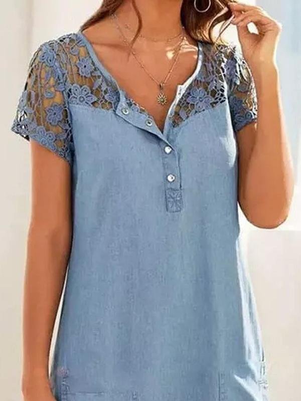 Hollow Lace Short-sleeved Denim Dress - LuckyFash™