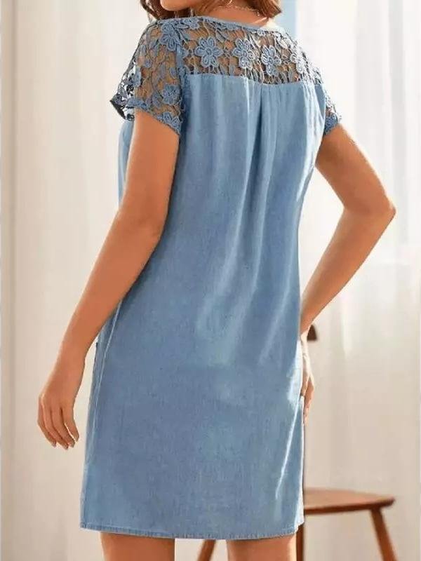 Hollow Lace Short-sleeved Denim Dress - LuckyFash™