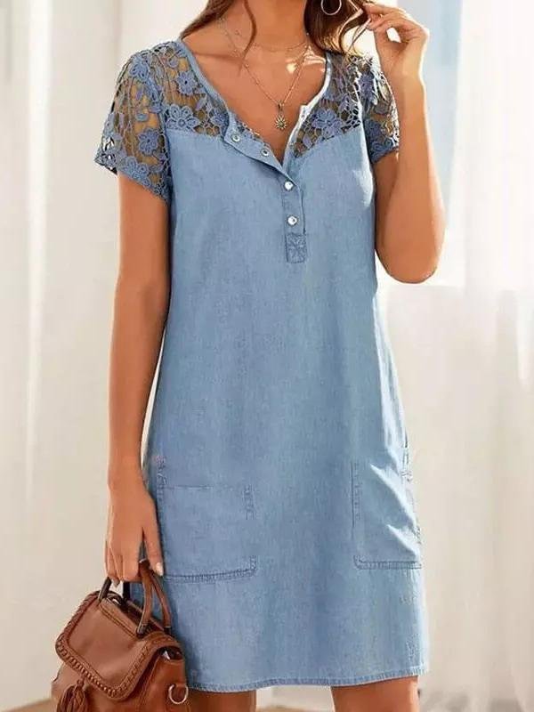 Hollow Lace Short-sleeved Denim Dress - LuckyFash™
