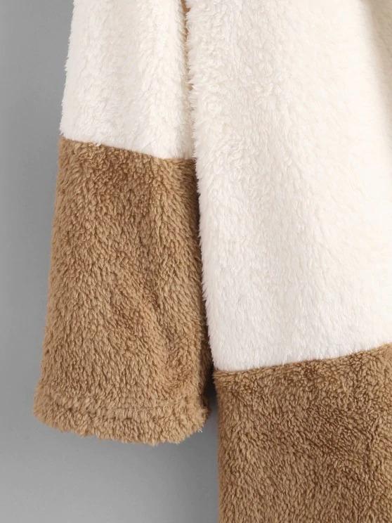 Hooded Color Blocking Fluffy Drop Shoulder Coat - LuckyFash™