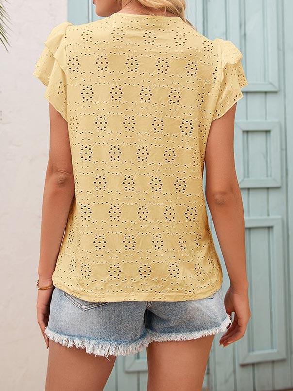 Hook Flower Cut-out Tie Neckline Ruffle Sleeve Blouse - LuckyFash™