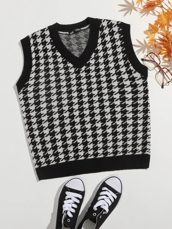 Houndstooth V Neck Sweater Vest - LuckyFash™