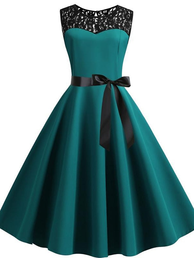 Women's Lace Dress Vintage Dress Swing Dress Midi Dress Light Blue Wine Red Black Sleeveless Print Lace up Summer Spring Fall Crew Neck 1950s Party Spring Dress 2023 S M L XL XXL - LuckyFash™