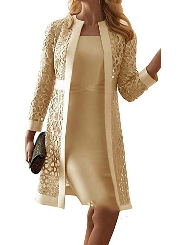 Lace Dress Dress Set Midi Dress Purple Pink Yellow Light Blue Gray Long Sleeve Pure Color Lace Hollow Out Spring Fall Crew Neck Elegant Party Spring Dress  S M L XL XXL 3XL 4XL 5XL for Women - LuckyFash™