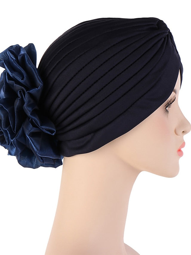 Female Stylish Indian Big Flower Solid Color Turban Hat Comfortable Women Muslim Pullover Hat African Head Wrap Hijab Cap Headwear - LuckyFash™