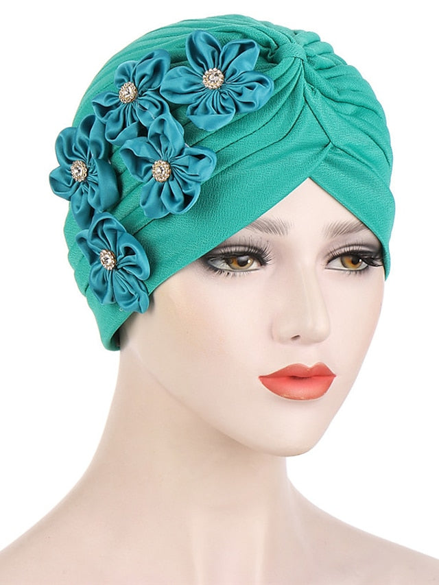 Elegant Women Five Flowers Turban Caps Muslim Elastic Crystal Party Headscarf Bonnet Ladies Hair Accessories Indian Cap - LuckyFash™