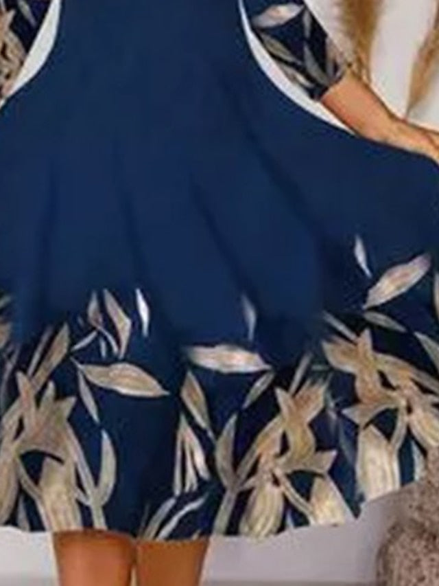 A Line Dress Midi Dress Dark Blue Long Sleeve Floral Print Summer Spring V Neck Casual Winter Dress Fall Dress S M L XL XXL 3XL for Women - LuckyFash™