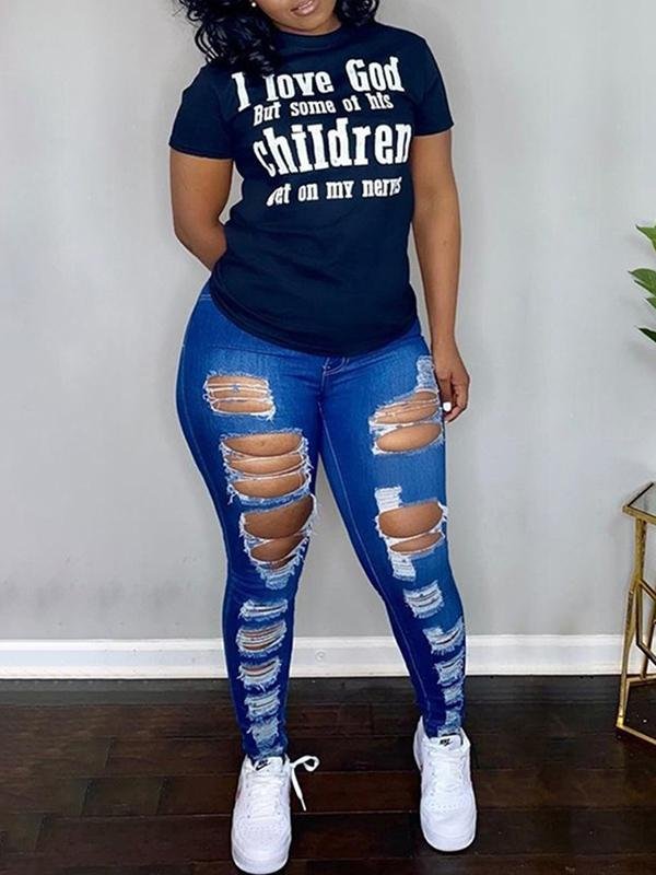 I LOVE GOD Round Neck Black Short Sleeve Women Tee - LuckyFash™