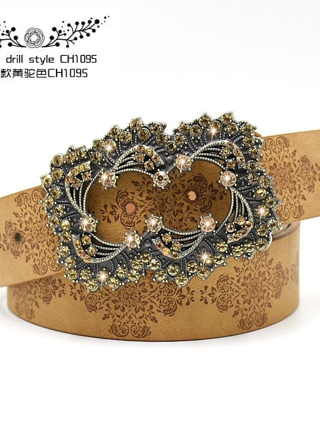 Women's PU Buckle Belt PU Leather Metal Bucke Engraved Crystal Rhinestone Classic Vintage Retro Wedding Party Rhinestone black ch1047 Rhinestone yellow camel ch1067 Rhinestone yellow camel ch1024 - LuckyFash™