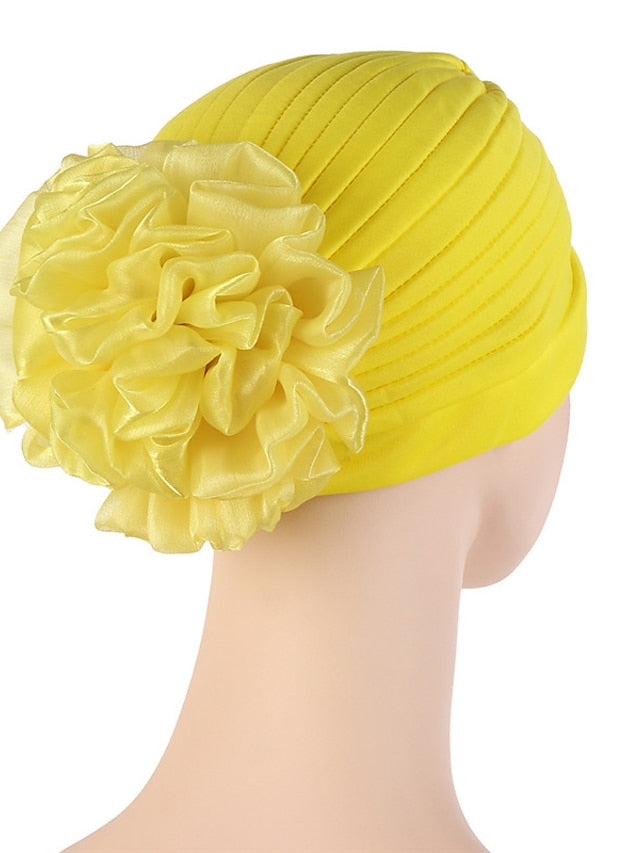 Female Stylish Indian Big Flower Solid Color Turban Hat Comfortable Women Muslim Pullover Hat African Head Wrap Hijab Cap Headwear - LuckyFash™