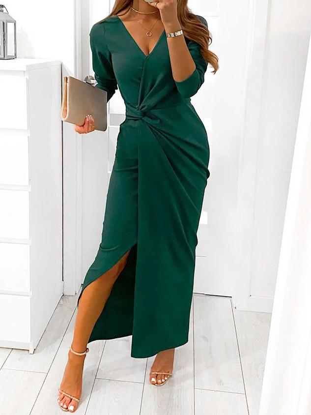 Dresses V-Neck Long Sleeve Split Evening Dress - LuckyFash™