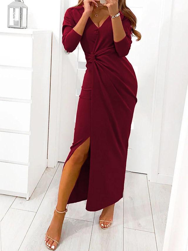 Dresses V-Neck Long Sleeve Split Evening Dress - LuckyFash™