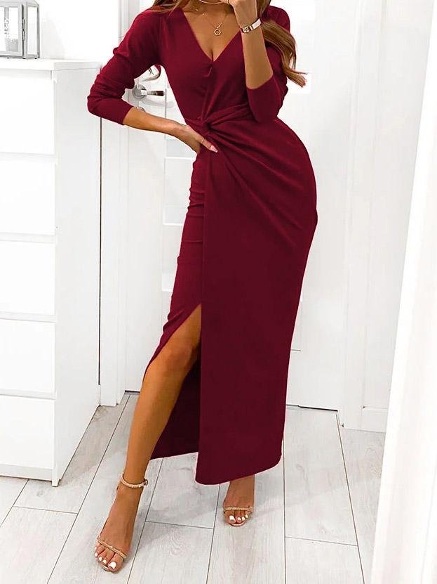 Dresses V-Neck Long Sleeve Split Evening Dress - LuckyFash™