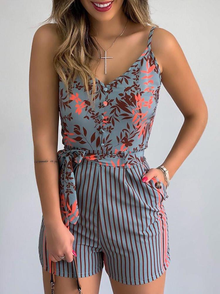 Women's Jumpsuits V-Neck Sling Leaf Print Lace-Up Jumpsuit - LuckyFash™