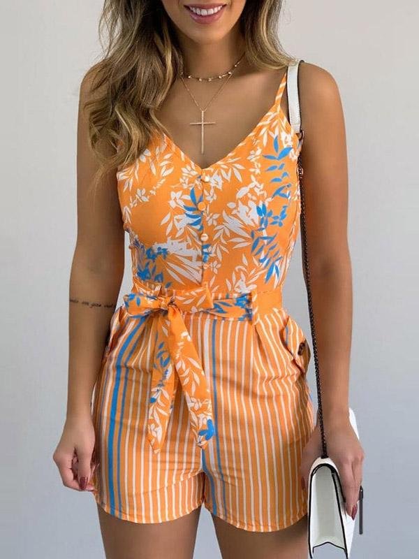 Women's Jumpsuits V-Neck Sling Leaf Print Lace-Up Jumpsuit - LuckyFash™