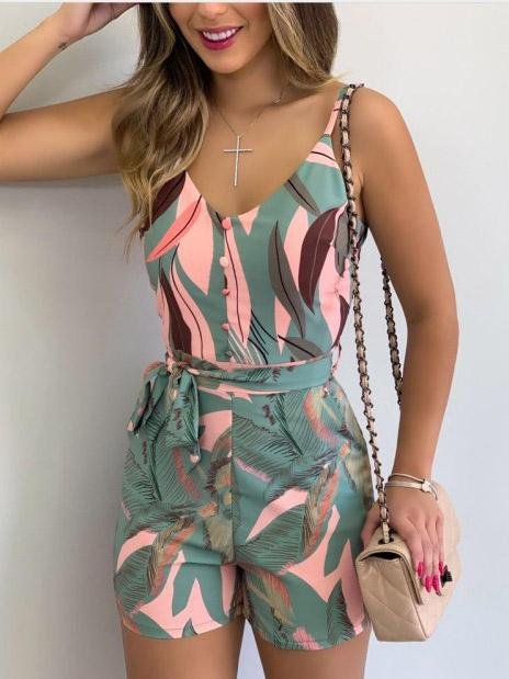 Women's Jumpsuits V-Neck Sling Leaf Print Lace-Up Jumpsuit - LuckyFash™
