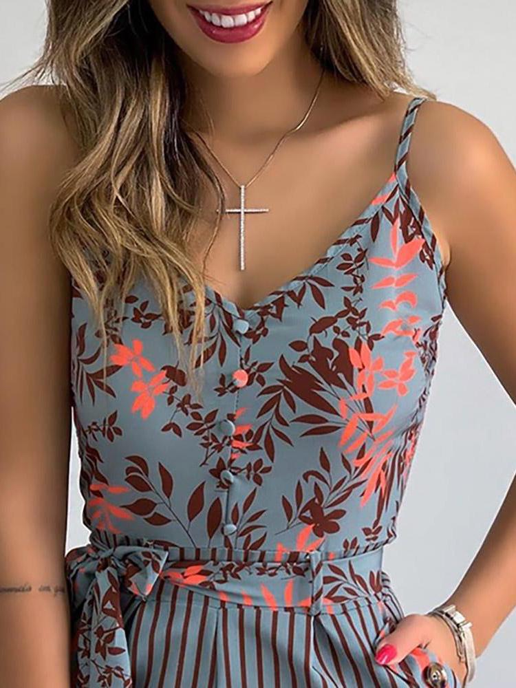 Women's Jumpsuits V-Neck Sling Leaf Print Lace-Up Jumpsuit - LuckyFash™