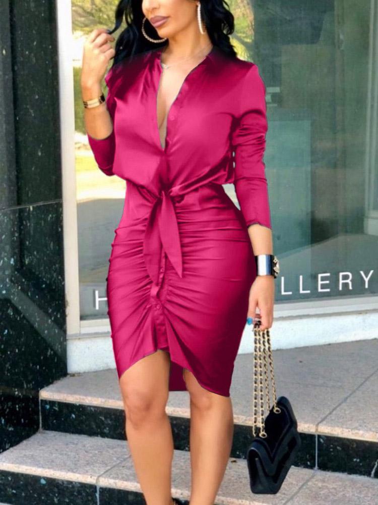 Dresses V-Neck Tie Long Sleeve Solid Shirt Dress - LuckyFash™
