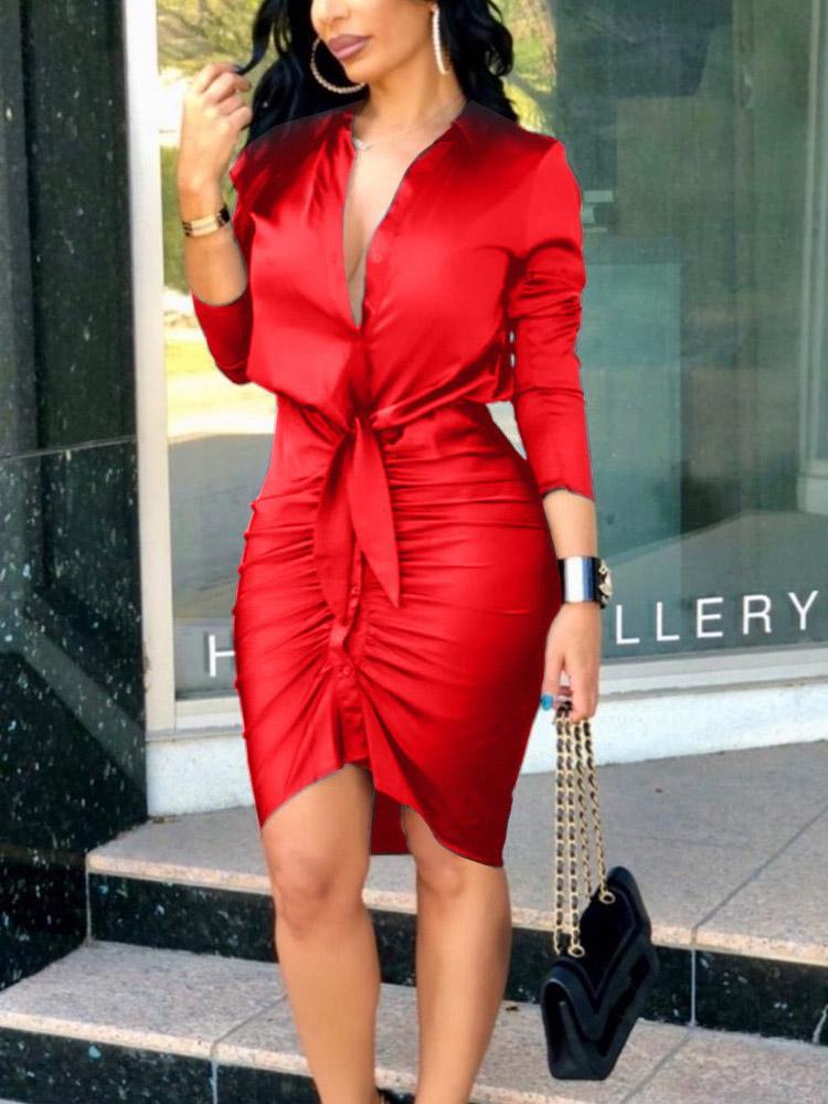 Dresses V-Neck Tie Long Sleeve Solid Shirt Dress - LuckyFash™