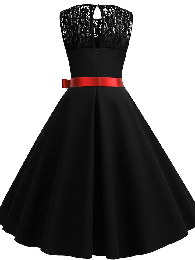 Women's Lace Dress Vintage Dress Swing Dress Midi Dress Light Blue Wine Red Black Sleeveless Print Lace up Summer Spring Fall Crew Neck 1950s Party Spring Dress 2023 S M L XL XXL - LuckyFash™