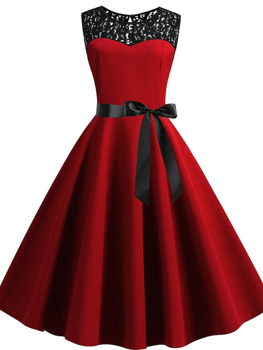 Women's Lace Dress Vintage Dress Swing Dress Midi Dress Light Blue Wine Red Black Sleeveless Print Lace up Summer Spring Fall Crew Neck 1950s Party Spring Dress 2023 S M L XL XXL - LuckyFash™