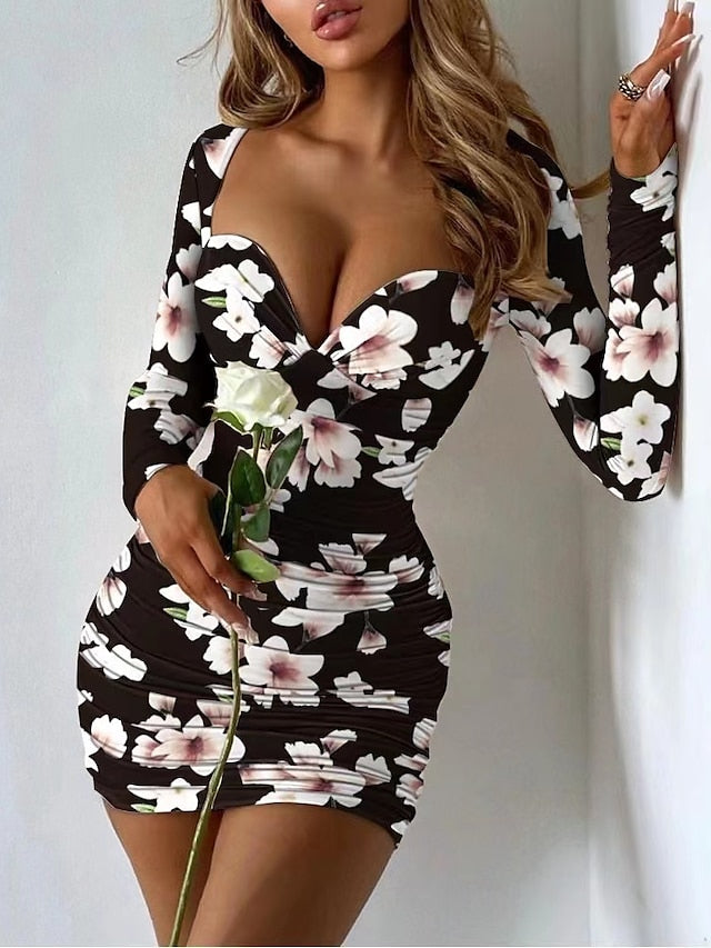 Women's Holiday Dress Bodycon Black gray Pink Light Brown Khaki Red Brown White Black Long Sleeve Floral Pure Color Ruched Fall Spring Boat Neck Stylish Hot Sexy Party Fall Dress 2022 S M L XL XXL - LuckyFash™