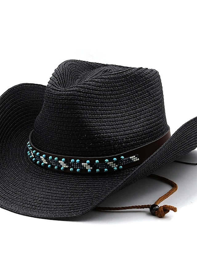 British Wind with Bead Leather Rope Cowgirl Summer Straw Hat for Women Men Western Cowboy Hat Lady Trendy Beach Sun Hat for Women - LuckyFash™