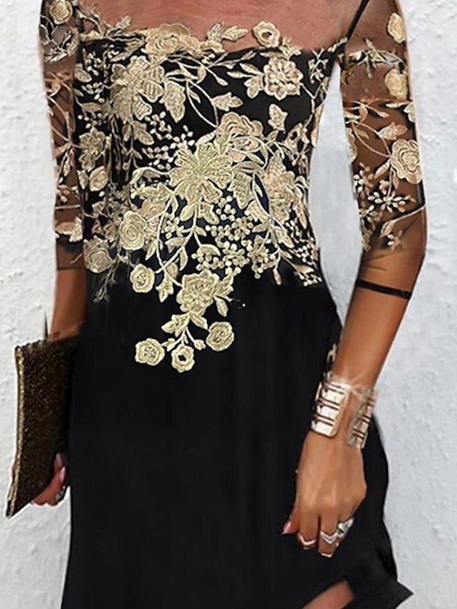 Women's Lace Dress Shift Dress Mini Dress Black 3/4 Length Sleeve Floral Lace Winter Fall Spring Crew Neck Fashion Party 2023 S M L XL XXL 3XL - LuckyFash™