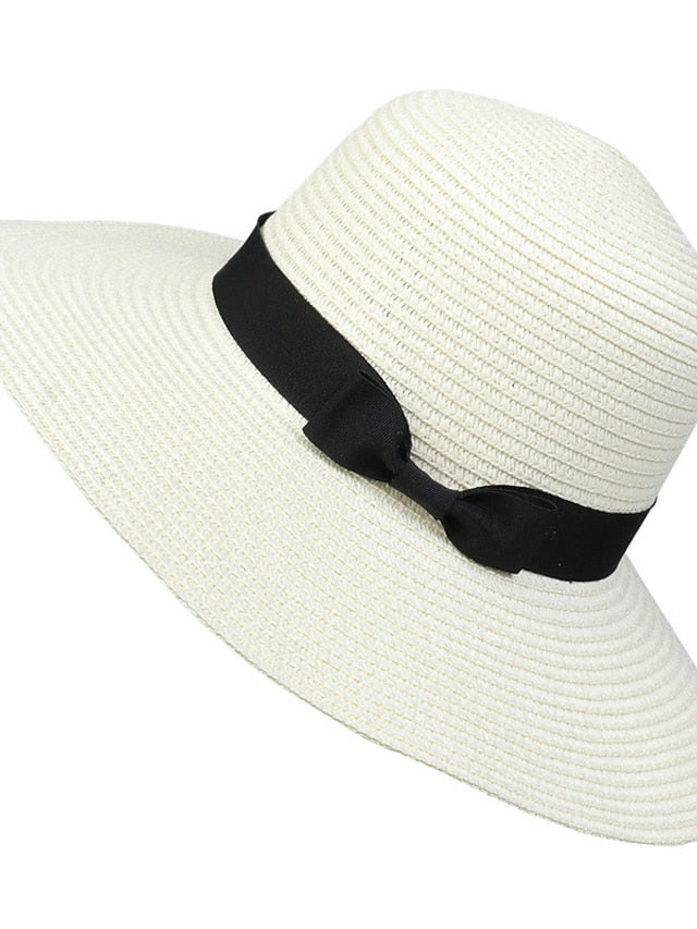 Hat Straw Hat Black Pink Khaki Outdoor Daily Holiday Braided Bow Pure Color Portable Sun Protection Breathable for Women - LuckyFash™