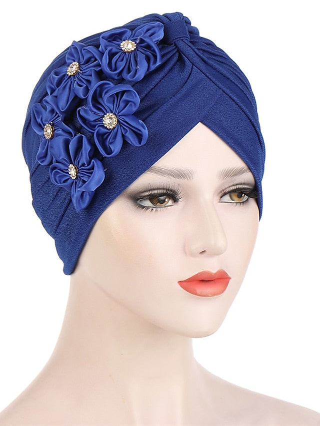 Elegant Women Five Flowers Turban Caps Muslim Elastic Crystal Party Headscarf Bonnet Ladies Hair Accessories Indian Cap - LuckyFash™