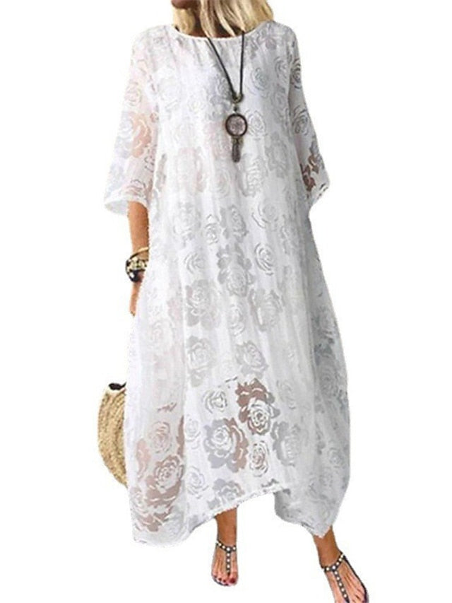 Women's Lace Dress Shift Dress Long Dress Maxi Dress Black White Red 3/4 Length Sleeve Pure Color Lace Summer Spring Crew Neck Elegant Loose Fit 2023 M L XL XXL 3XL 4XL 5XL - LuckyFash™