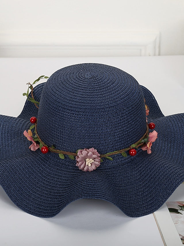 Women's Hat Straw Hat Sun Hat White Blue Khaki Lawn Festival Bow Print Flower Portable Windproof Breathable - LuckyFash™