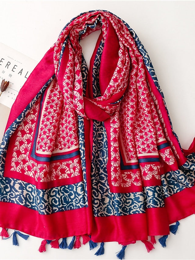 Fashion Women Scarf Print Hijab Flower Tassel Shawls and Wraps Long Style Female Boho Bandana for Women - LuckyFash™