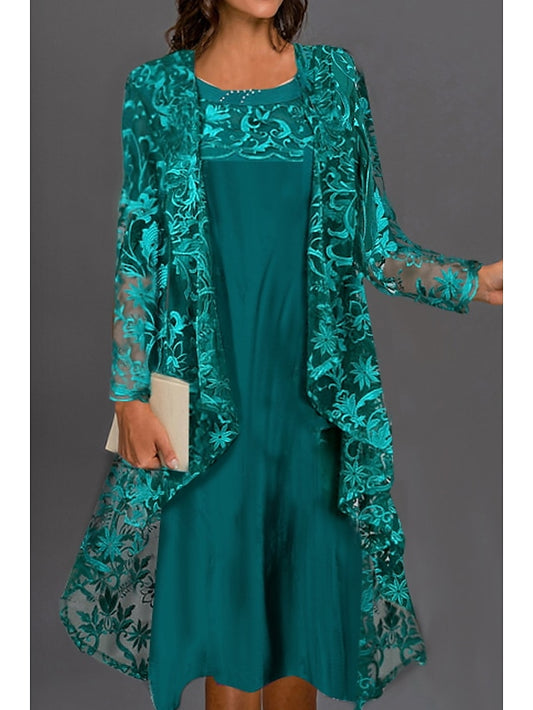 Women's Lace Dress Dress Set Two Piece Dress Midi Dress Dark Green Long Sleeve Embroidery Ruched Summer Spring Crew Neck Modern Winter Dress Fall Dress 2023 S M L XL XXL 3XL - LuckyFash™