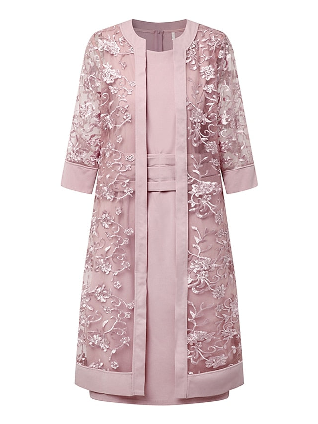 Women's Lace Dress Dress Set Two Piece Dress Midi Dress Pink Half Sleeve Pure Color Mesh Summer Spring Fall Crew Neck Fashion Office Wedding Guest 2023 S M L XL XXL 3XL - LuckyFash™