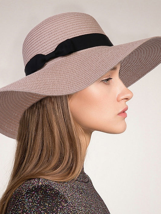 Hat Straw Hat Black Pink Khaki Outdoor Daily Holiday Braided Bow Pure Color Portable Sun Protection Breathable for Women - LuckyFash™