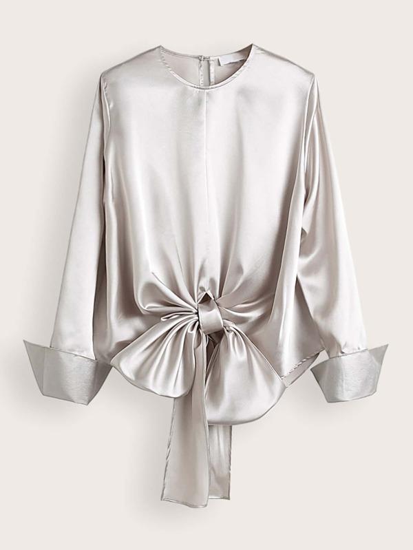 Keyhole Back Knot Hem Satin Blouse - LuckyFash™
