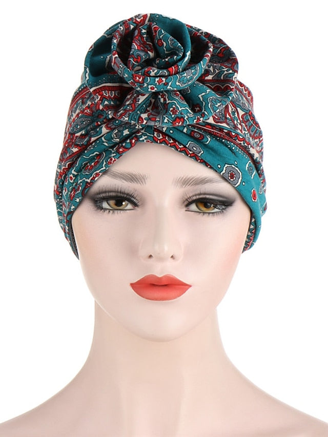 Ethnic Plaid Pattern Cashew Print Big Flower Headscarf Bonnet Women Turban Hat Turbante Femme Musulman India Hat Islamic Head Wrap Turban for Women - LuckyFash™