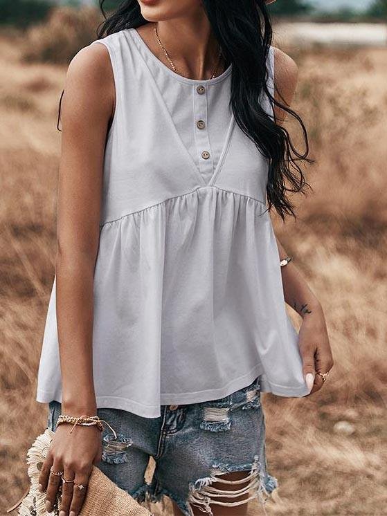 Knit Sleeveless Buttoned Loose Ruffle Blouses - LuckyFash™