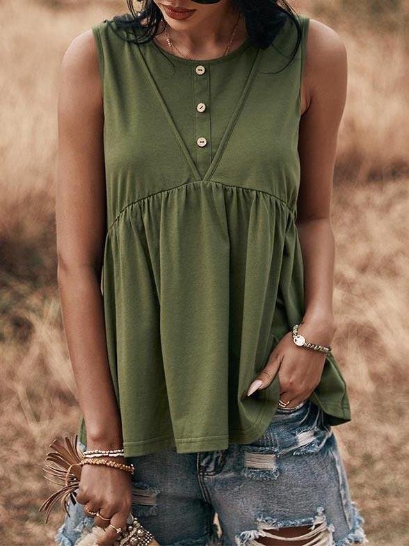 Knit Sleeveless Buttoned Loose Ruffle Blouses - LuckyFash™