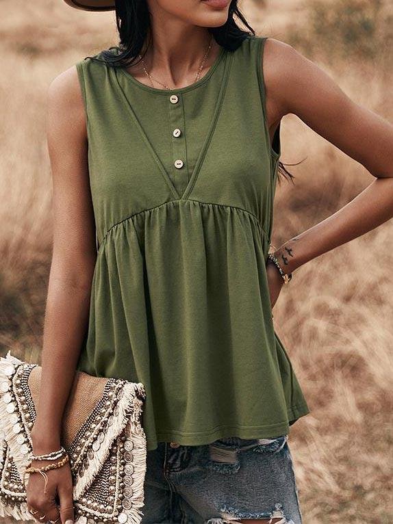 Knit Sleeveless Buttoned Loose Ruffle Blouses - LuckyFash™