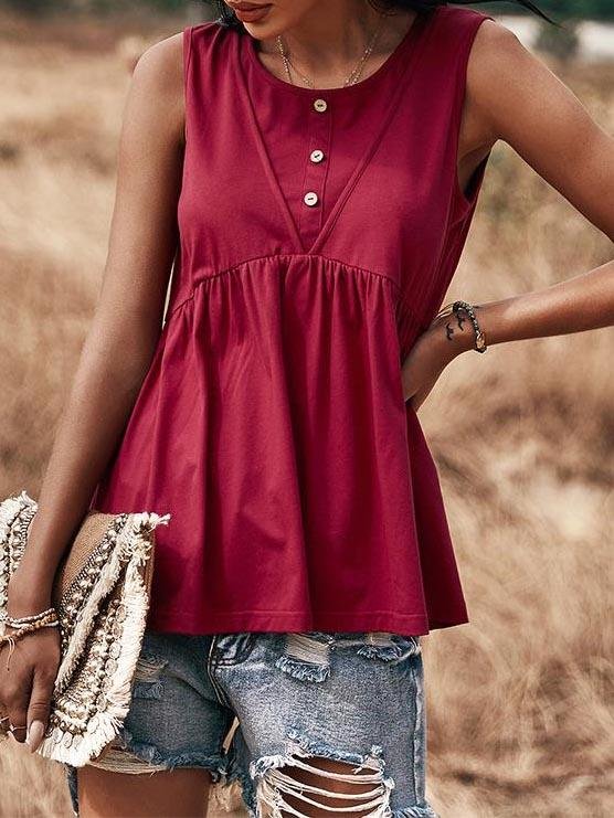 Knit Sleeveless Buttoned Loose Ruffle Blouses - LuckyFash™