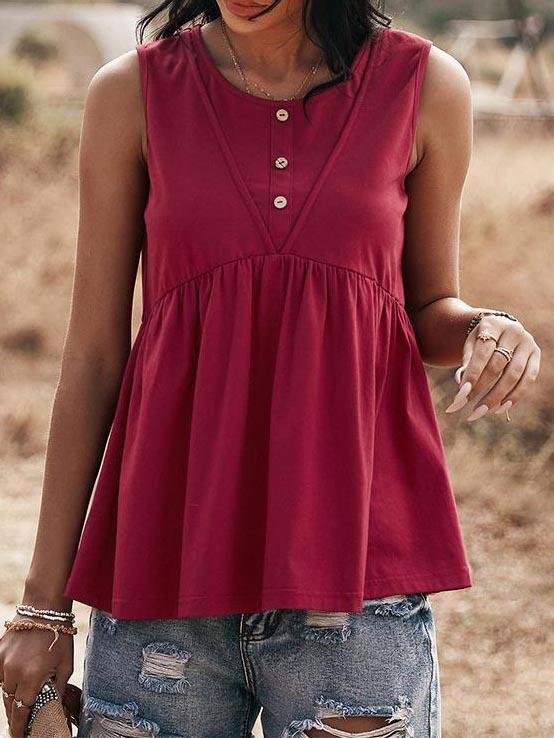 Knit Sleeveless Buttoned Loose Ruffle Blouses - LuckyFash™